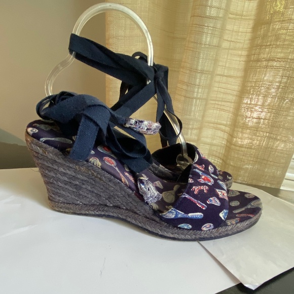 Chanel wedge blue canvas espadrille CC denim ankle strap sandals mules slip-ons - Picture 1 of 9